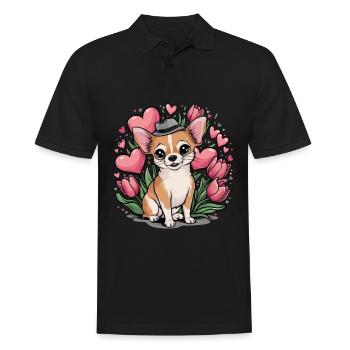 Motif animalier mignon avec chihuahua, tulipes et cœurs - Polo Homme - noir - Devant - Kai (181cm)