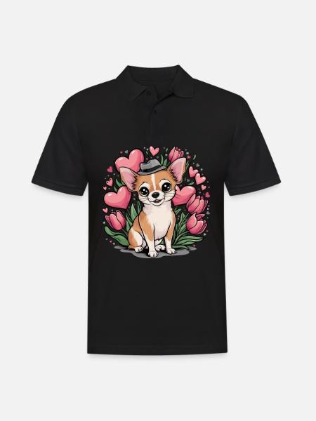 Sött djurmotiv med chihuahua, tulpaner och hjärtan - Pikétröja herr - svart