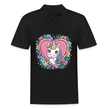 Kawaii Unicorn with Flowers and Hearts - Men's Polo Shirt - black - Front - Kai (181cm)