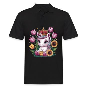 Licorne kawaii avec couronne, tulipes et tournesols - Polo Homme - noir - Devant - Kai (181cm)