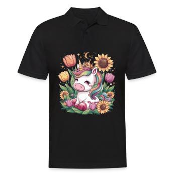 Kawaii Einhorn mit Krone, Tulpen und Sonnenblmen - Männer Poloshirt - Schwarz - Vorne - Kai (181cm)