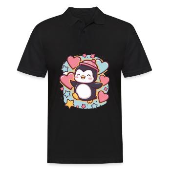 Dessin animé Kawaii Pingouin avec des cœurs et des étoiles - Polo Homme - noir - Devant - Kai (181cm)
