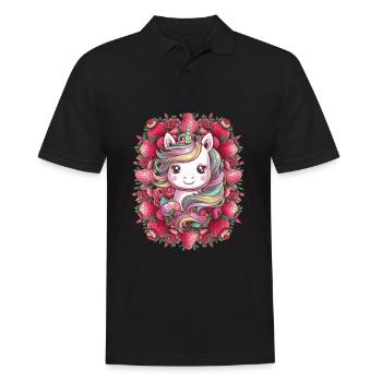 Kawaii Einhorn mit Erdbeeren und Rosen - Männer Poloshirt - Schwarz - Vorne - Kai (181cm)