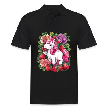 Kawaii Einhorn mit Erdbeeren und Rosen - Männer Poloshirt - Schwarz - Vorne - Kai (181cm)