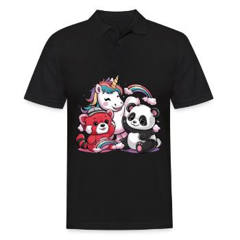 Kawaii Einhorn mit roten Panda und großem Panda - Männer Poloshirt - Schwarz - Vorne - Kai (181cm)