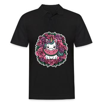 Kawaii Einhorn mit Rosen und Melone - Männer Poloshirt - Schwarz - Vorne - Kai (181cm)