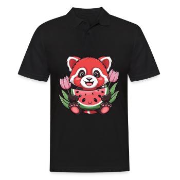 Roter Kawaii Panda mit Melonen und Tulpen - Männer Poloshirt - Schwarz - Vorne - Kai (181cm)