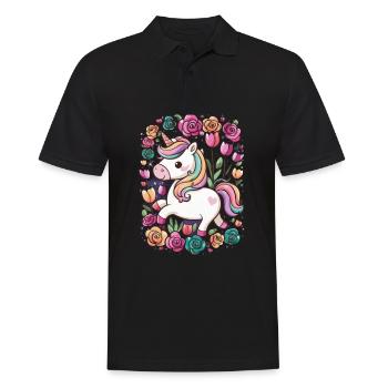 Licorne Kawaii avec des roses et des tulipes - Polo Homme - noir - Devant - Kai (181cm)