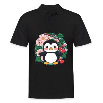 Cartoon Kawaii Pinguin mit Kirschen - Männer Poloshirt - Schwarz - Vorne - Kai (181cm)