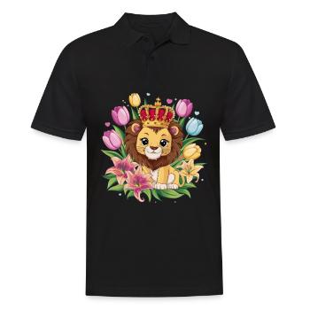 Lion kawaii avec couronne, tulipes et lys - Polo Homme - noir - Devant - Kai (181cm)