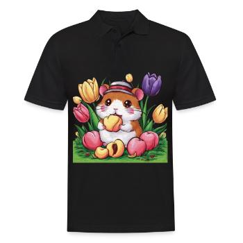 Dessin animé Hamster Kawaii avec des tulipes et des pêches - Polo Homme - noir - Devant - Kai (181cm)