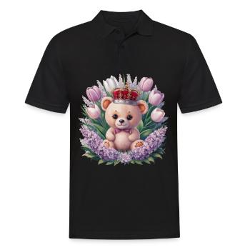 Ours en peluche kawaii avec couronne, tulipes et lilas - Polo Homme - noir - Devant - Kai (181cm)