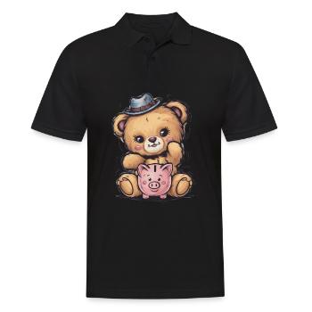 Süßer Kawaii Teddybär mit Sparschwein - Männer Poloshirt - Schwarz - Vorne - Kai (181cm)