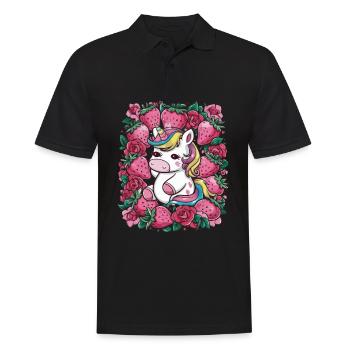 Licorne Kawaii aux fraises et roses - Polo Homme - noir - Devant - Kai (181cm)