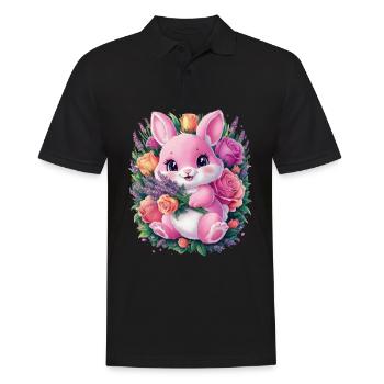 Mignon lapin kawaii avec des roses et de la lavande - Polo Homme - noir - Devant - Kai (181cm)