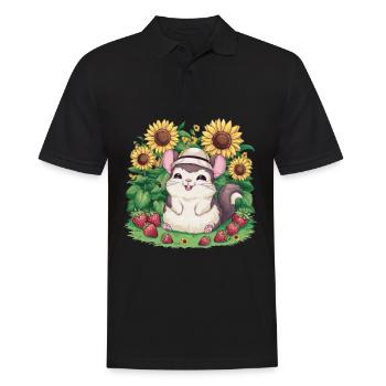 Kawaii Chinchilla mit Erdbeeren & Sonnenblumen - Männer Poloshirt - Schwarz - Vorne - Kai (181cm)