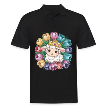 Königliches Kawaii Schaf mit Krone und Tulpen - Männer Poloshirt - Schwarz - Vorne - Kai (181cm)