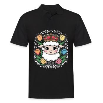 Königliches Kawaii Schaf mit Krone und Tulpen - Männer Poloshirt - Schwarz - Vorne - Kai (181cm)