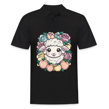 Kawaii Schaf mit Pfirsichen uund Rosen - Männer Poloshirt - Schwarz - Vorne - Kai (181cm)
