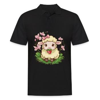 Süßes Kawaii Schaf mit Erdbeeren & Orchideen - Männer Poloshirt - Schwarz - Vorne - Kai (181cm)