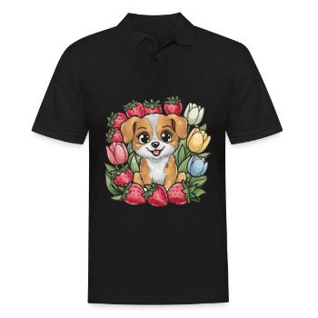 Chien de dessin animé kawaii avec des fraises et des tulipes - Polo Homme - noir - Devant - Kai (181cm)