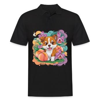 Kawaii cartoon dog with peach and orchids - Men's Polo Shirt - black - Front - Kai (181cm)