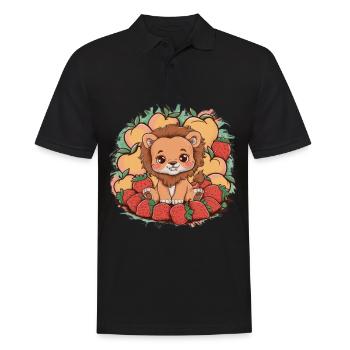 Kawaii Löwe mit Erdbeeren und Pfirsichen - Männer Poloshirt - Schwarz - Vorne - Kai (181cm)