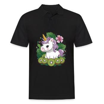 Cartoon Kawaii Einhorn mit Kiwi und Hibiskus - Männer Poloshirt - Schwarz - Vorne - Kai (181cm)