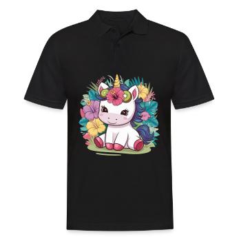 Cartoon Kawaii Einhorn mit Kiwi und Hibiskus - Männer Poloshirt - Schwarz - Vorne - Kai (181cm)