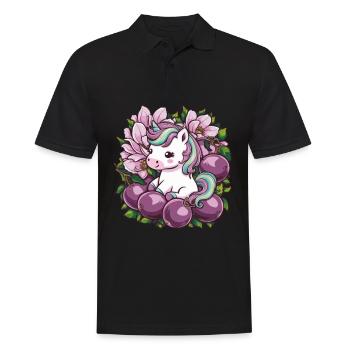 Licorne Kawaii avec des prunes et des fleurs - Polo Homme - noir - Devant - Kai (181cm)