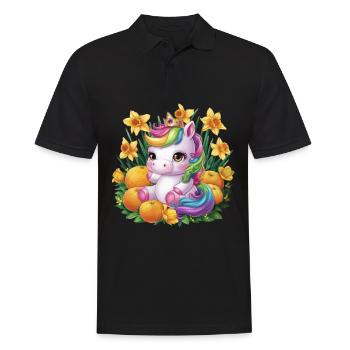 Kawaii Einhorn mit Orangen und Narzissen - Männer Poloshirt - Schwarz - Vorne - Kai (181cm)