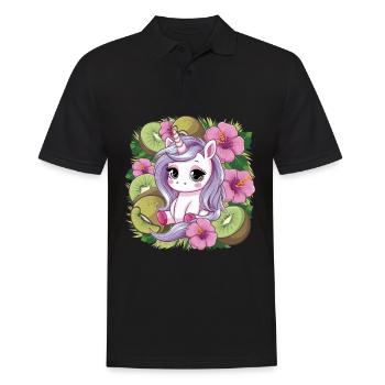 Cartoon Kawaii Einhorn mit Kiwi und Hibiskus - Männer Poloshirt - Schwarz - Vorne - Kai (181cm)