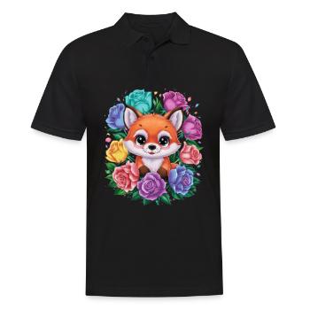 Dessin animé renard kawaii avec des roses colorées. - Polo Homme - noir - Devant - Kai (181cm)