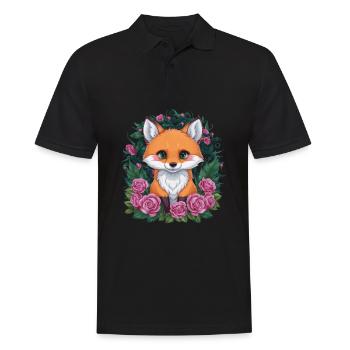 Dessin animé renard kawaii avec des roses colorées. - Polo Homme - noir - Devant - Kai (181cm)