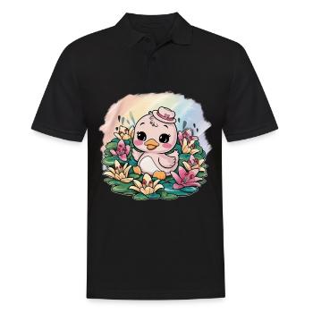 Kawaii Entchen mit farbenfrohen Lillien - Männer Poloshirt - Schwarz - Vorne - Kai (181cm)