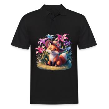 Dessin animé renard kawaii avec des lys colorés - Polo Homme - noir - Devant - Kai (181cm)
