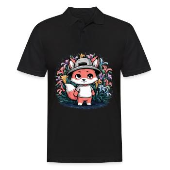 Dessin animé renard kawaii avec des lys colorés - Polo Homme - noir - Devant - Kai (181cm)