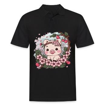 Süßes Kawai Schwein mit Sakura Kirschblüten - Männer Poloshirt - Schwarz - Vorne - Kai (181cm)