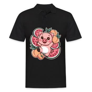 Cochon Kawaii aux pêches et pastèque - Polo Homme - noir - Devant - Kai (181cm)