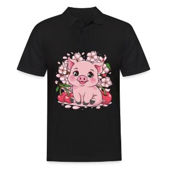 Süßes Kawai Schwein mit Sakura Kirschblüten - Männer Poloshirt - Schwarz - Vorne - Kai (181cm)
