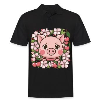 Süßes Kawai Schwein mit Sakura Kirschblüten - Männer Poloshirt - Schwarz - Vorne - Kai (181cm)