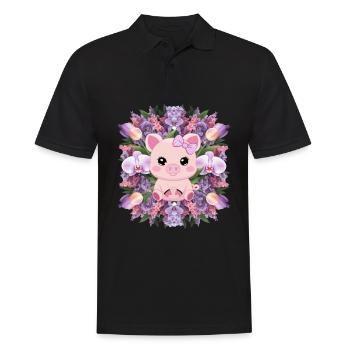 Cochon de style kawaii de dessin animé avec des orchidées - Polo Homme - noir - Devant - Kai (181cm)