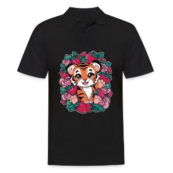 Tigre Kawaii avec Fraises et Roses - Polo Homme - noir - Devant - Kai (181cm)