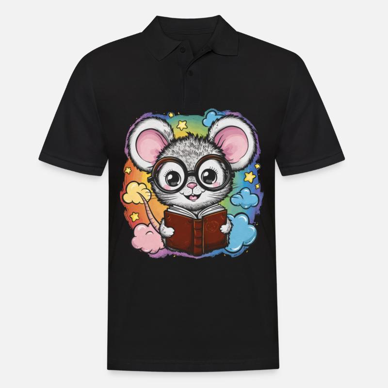 Kawaii Maus - Mäuschen mit Buch und Lesebrille - Männer Poloshirt - Schwarz