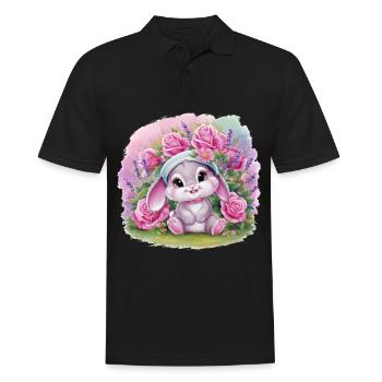Mignon lapin kawaii avec des roses et de la lavande - Polo Homme - noir - Devant - Kai (181cm)