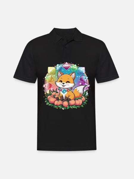 Cartoon Kawaii Fox with Peaches - Men's Polo Shirt - black