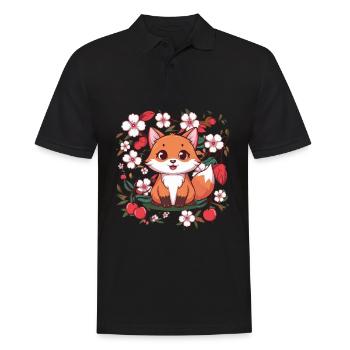 Renard kawaii avec des cerises et des fleurs de cerisier Sakura - Polo Homme - noir - Devant - Kai (181cm)