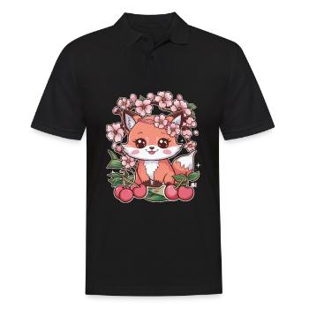 Renard kawaii avec des cerises et des fleurs de cerisier Sakura - Polo Homme - noir - Devant - Kai (181cm)