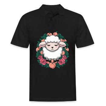 Kawaii Schaf mit Pfirsichen uund Rosen - Männer Poloshirt - Schwarz - Vorne - Kai (181cm)