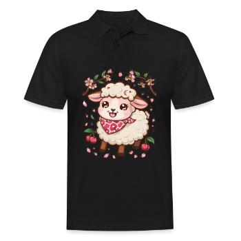 Mouton Kawaii aux cerises et fleurs de cerisier Sakura - Polo Homme - noir - Devant - Kai (181cm)